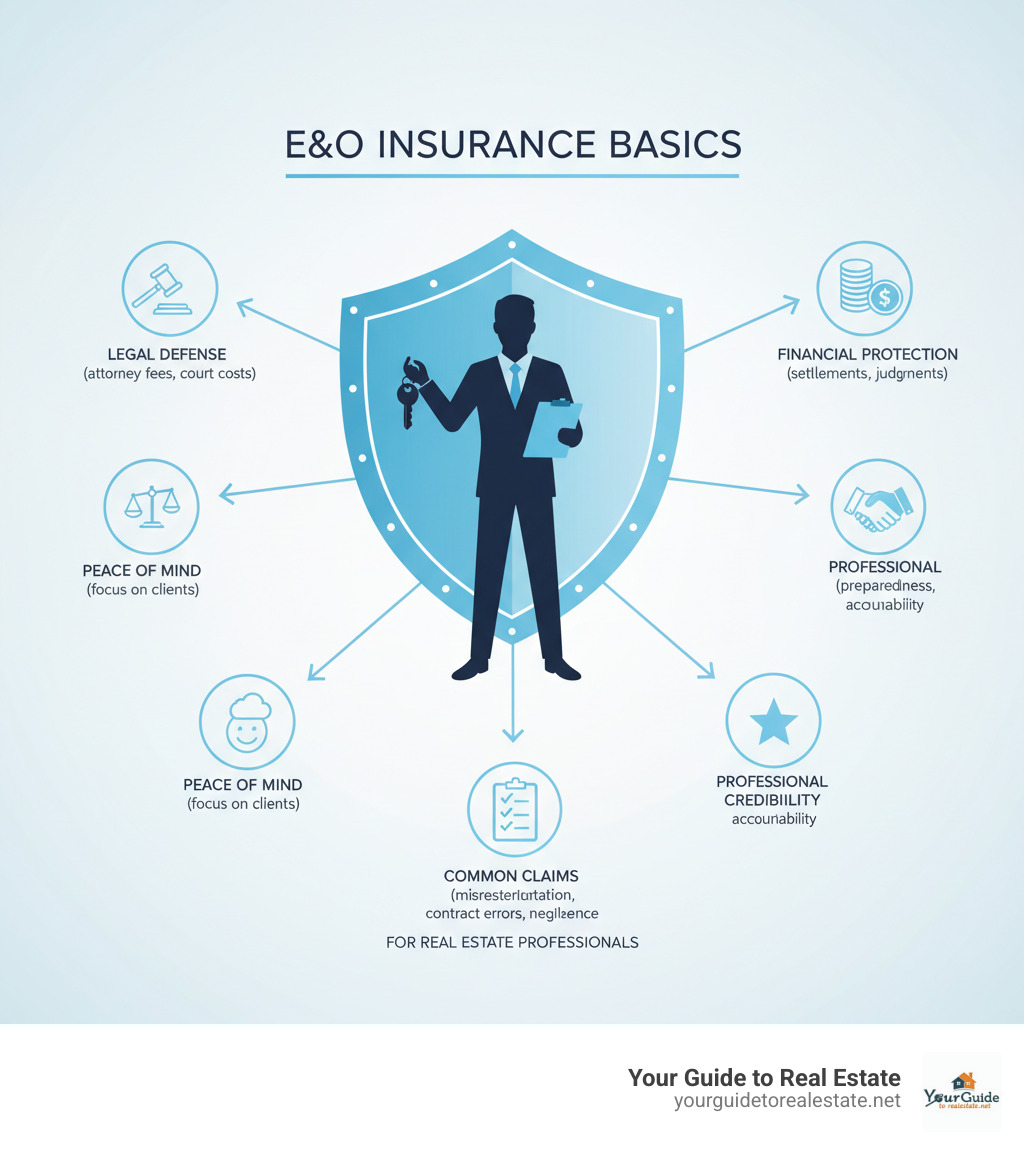 Infographic showing the basics of E&O insurance: a protective shield covering a real estate agent, with arrows pointing to key benefits including Legal Defense Coverage (attorney fees and court costs), Financial Protection (settlements and judgments up to policy limits), Peace of Mind (focus on clients without fear of lawsuits), Professional Credibility (demonstrates preparedness and accountability), and Coverage for Common Claims (misrepresentation, failure to disclose, contract errors, negligence) - errors and omissions insurance real estate infographic 