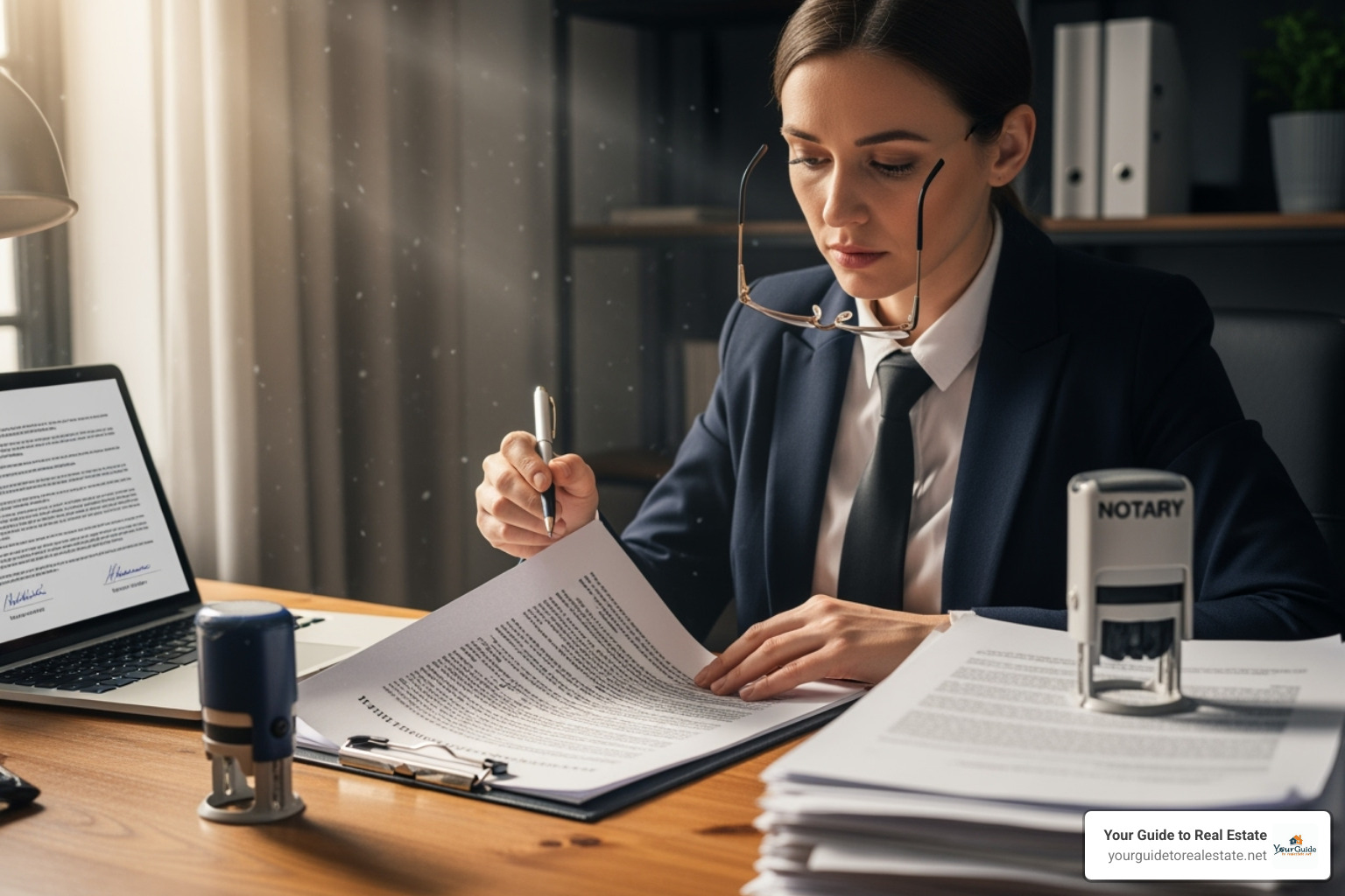 A notary looking concerned while reviewing a complex legal document, symbolizing the potential for errors and the need for protection - notary errors and omissions insurance