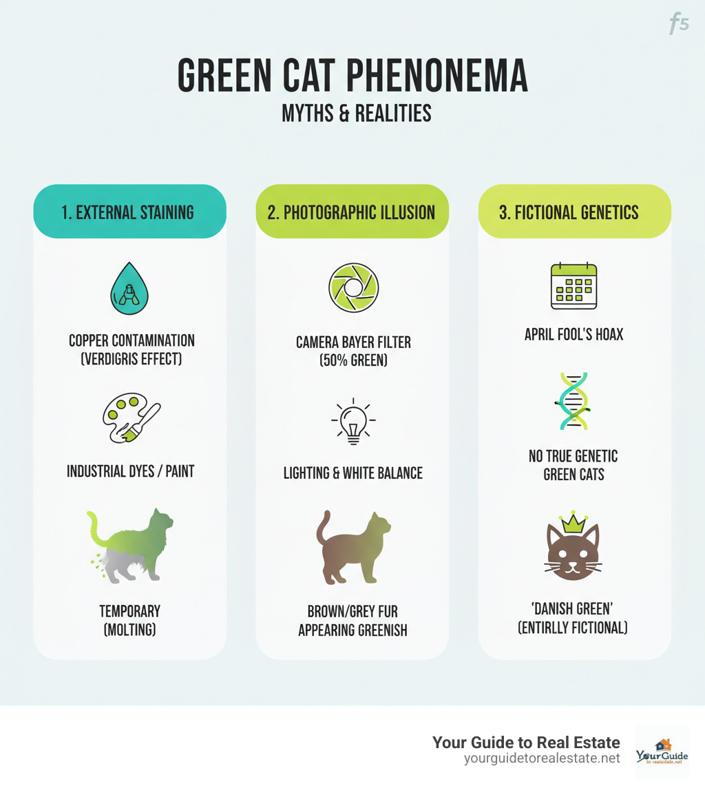 Infographic showing the causes of green cats: Section 1 - External Staining (copper contamination from water pipes causing verdigris effect on fur, industrial dyes or paint exposure, temporary coloration that disappears after molting). Section 2 - Photographic Illusion (camera Bayer filter capturing 50% green vs 25% red/blue, lighting conditions and white balance affecting color perception, cats with brown or grey fur appearing greenish). Section 3 - Fictional Genetics (the "chloromelanin" green gene was an April Fool's hoax, no true genetic green cats exist in nature, Danish Green breed was entirely fictional) - green cat infographic 