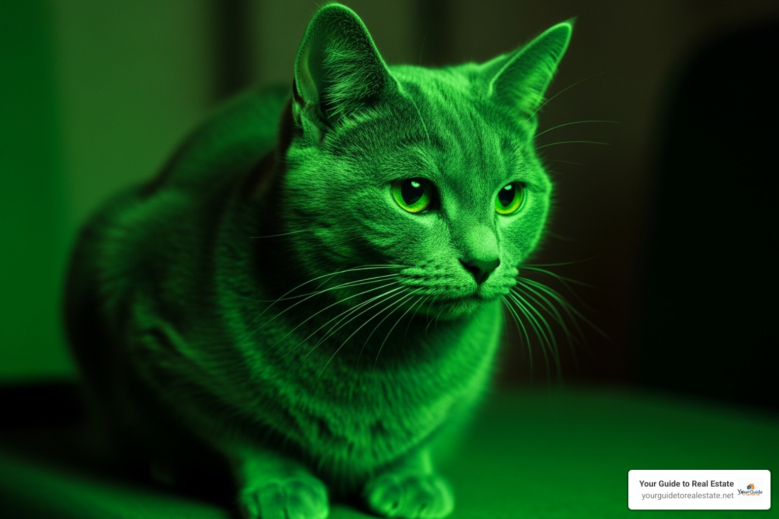 A cat appearing green due to specific lighting conditions - green cat