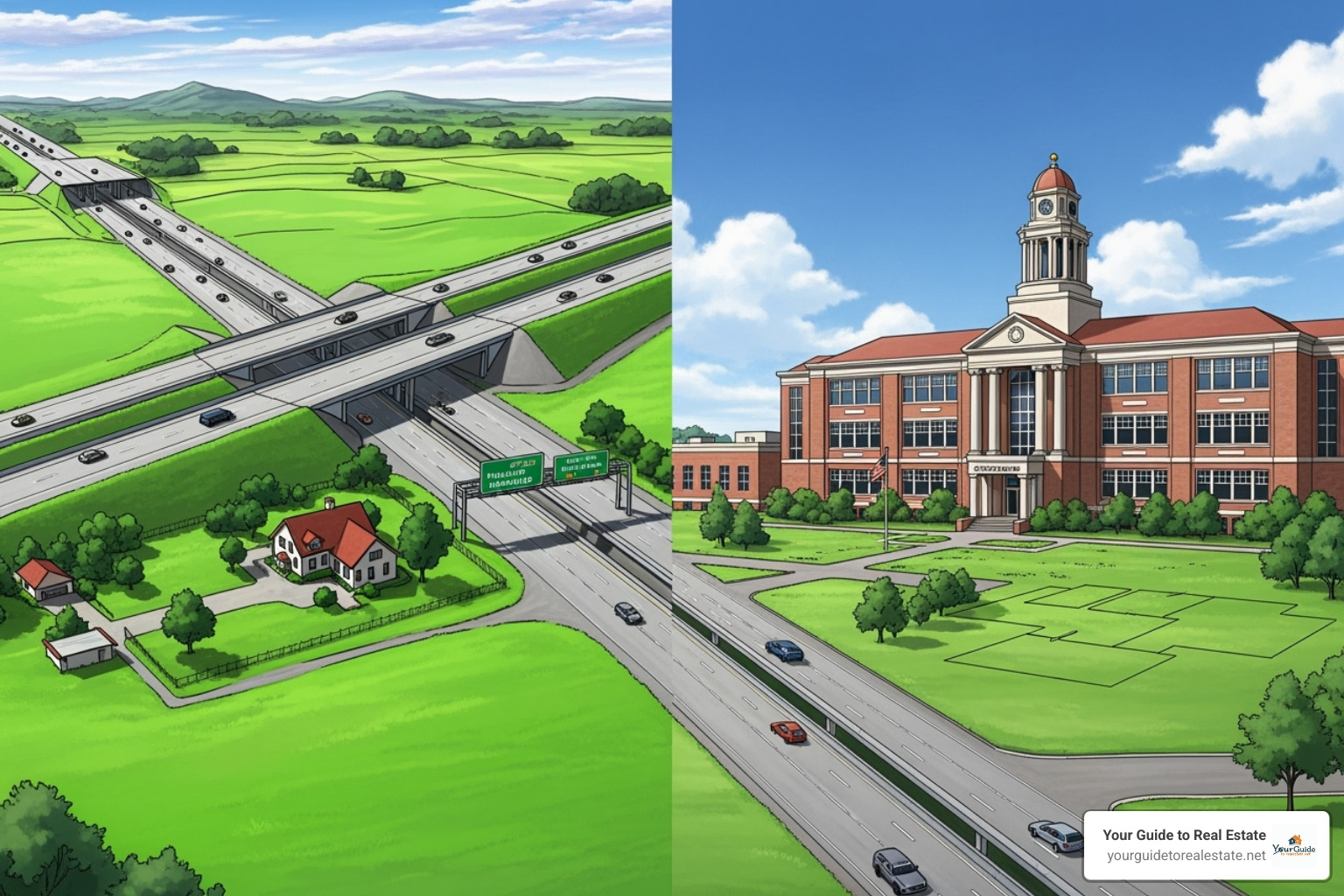 illustrating a partial taking for a new highway versus a full taking for a public building - eminent domain lawyer