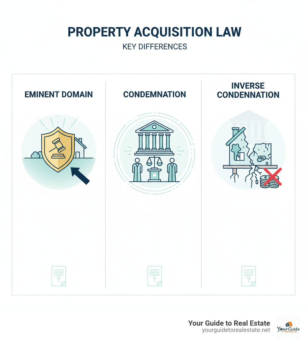 Infographic showing the key differences between eminent domain (the government's constitutional power to take property), condemnation (the legal process used to exercise that power), and inverse condemnation (when the government takes or damages property without initiating formal proceedings). Includes visual representations of each type: eminent domain shown as government authority over private land, condemnation as a courthouse proceeding, and inverse condemnation as property damage without compensation - eminent domain lawyer infographic 