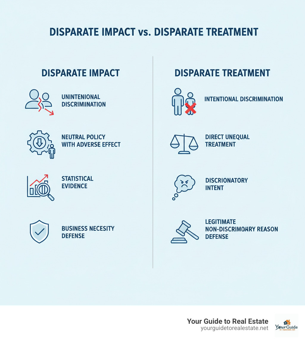 infographic showing two columns: Disparate Impact with icons for unintentional discrimination, neutral policy with adverse effect, statistical evidence, and business necessity defense; Disparate Treatment with icons for intentional discrimination, direct unequal treatment, discriminatory intent, and legitimate non-discriminatory reason defense - what is disparate impact infographic infographic showing two columns: Disparate Impact with icons for unintentional discrimination, neutral policy with adverse effect, statistical evidence, and business necessity defense; Disparate Treatment with icons for intentional discrimination, direct unequal treatment, discriminatory intent, and legitimate non-discriminatory reason defense - what is disparate impact infographic