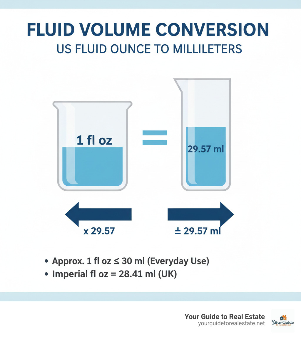 infographic showing 1 fluid ounce equals 29.57 milliliters with visual comparison of measurement containers - how many mls in an ounce infographic infographic showing 1 fluid ounce equals 29.57 milliliters with visual comparison of measurement containers - how many mls in an ounce infographic