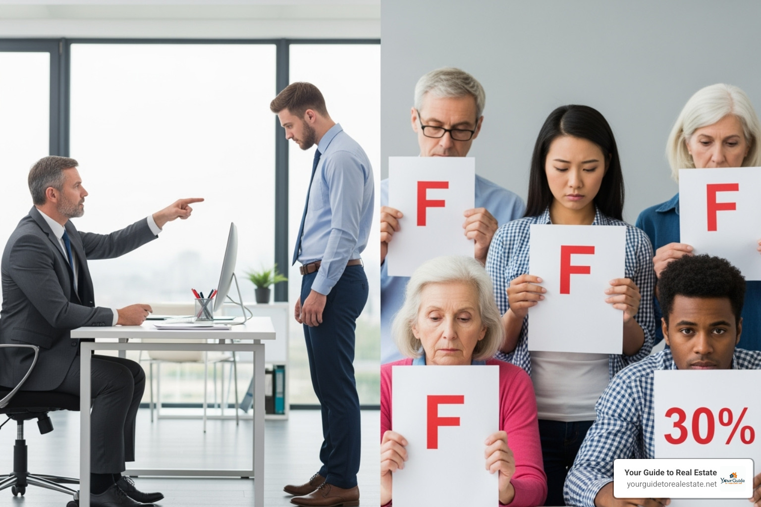 split screen showing manager pointing away from one person and a group of people failing a test - disparate treatment vs disparate impact