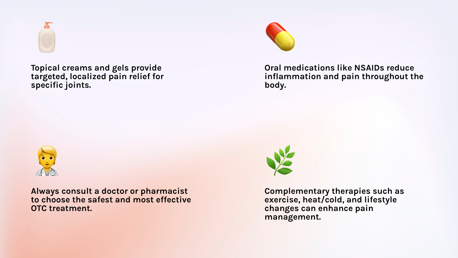 Infographic comparing topical versus oral pain relief products: Topical creams absorb through the skin to target joints, arthritis otc treatments.