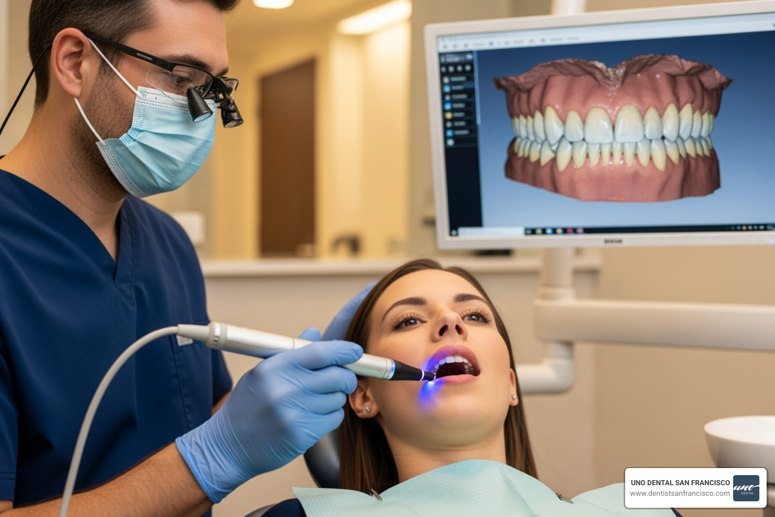 Dentist using a digital scanner on a patient's teeth - san francisco white zirconia crowns