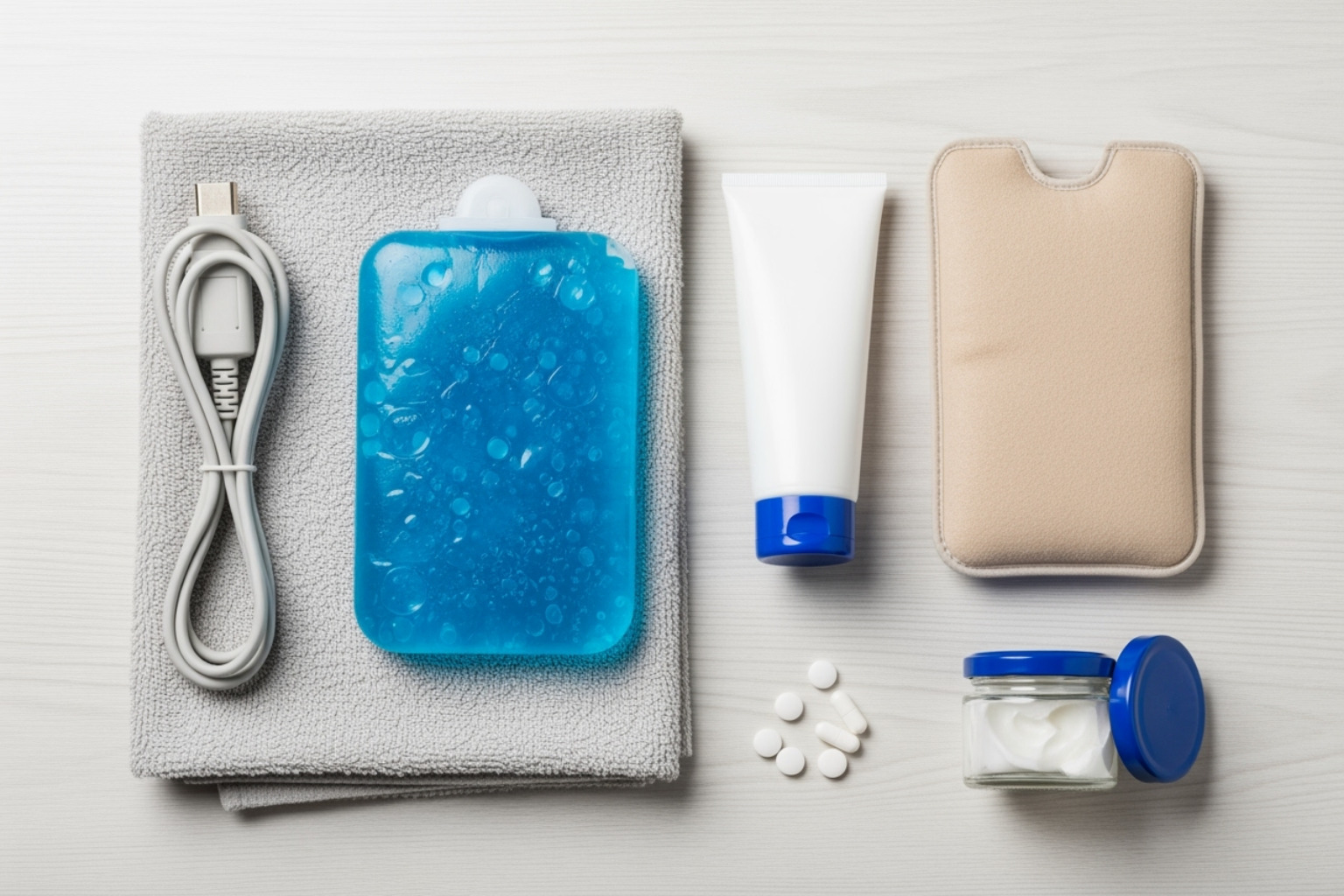 home-care setup with an ice pack, heating pad, and topical cream - how to relieve nerve pain in leg