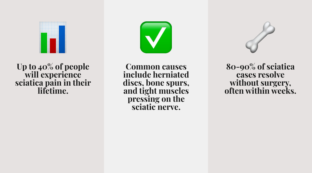 infographic showing sciatica statistics and key facts: 40% of people experience sciatica in their lifetime, 90% recover without surgery within weeks, most common age range is 30-50 years, main causes include herniated discs bone spurs and piriformis syndrome, symptoms include radiating pain numbness and weakness - sciatica pain relief infographic 3_facts_emoji_grey