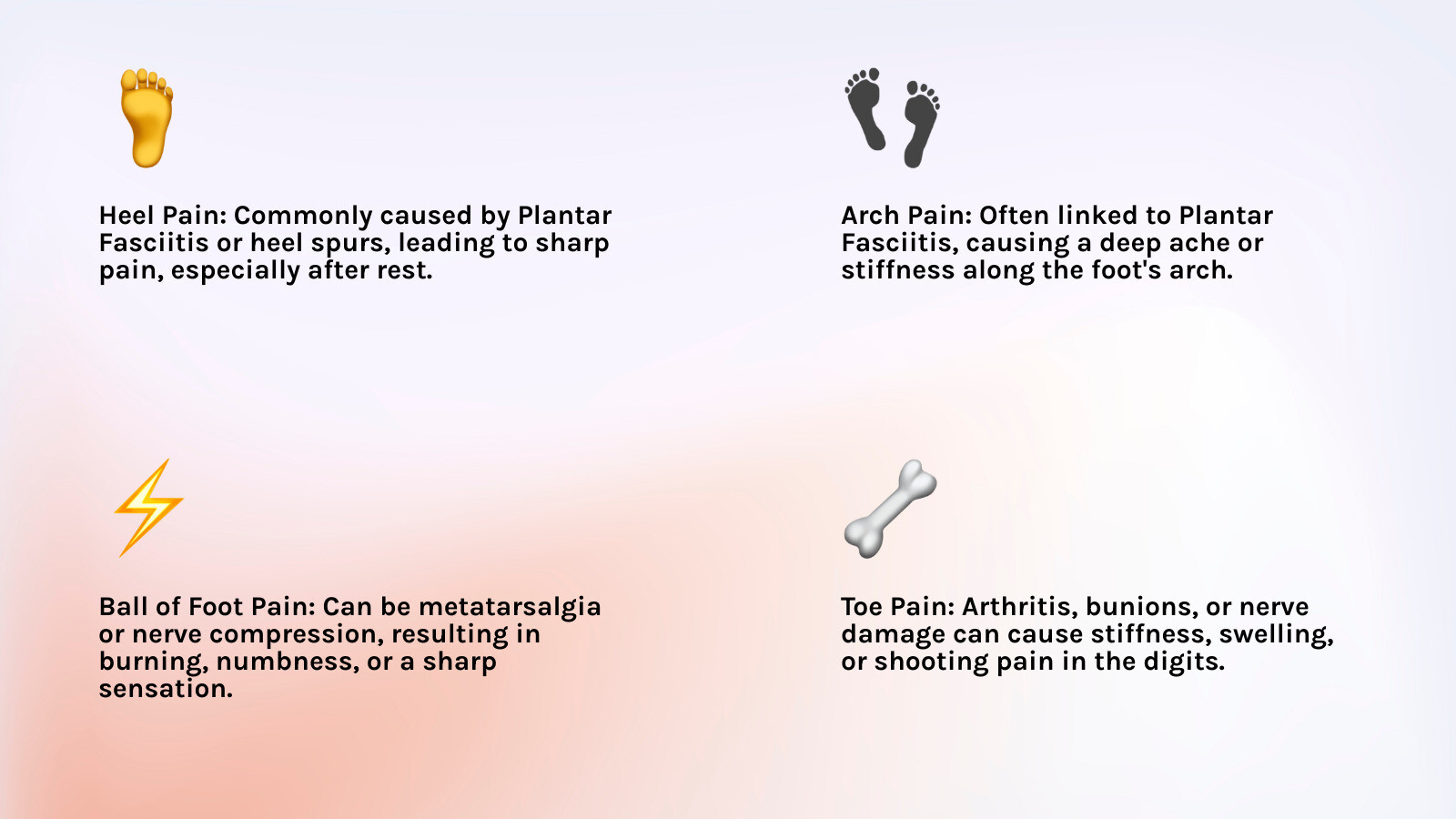 infographic showing common foot pain zones including the heel, arch, ball of the foot, and toes, with labels indicating typical conditions like plantar fasciitis in the arch, nerve pain in the toes, and arthritis in joints - foot pain relief cream infographic 4_facts_emoji_light-gradient