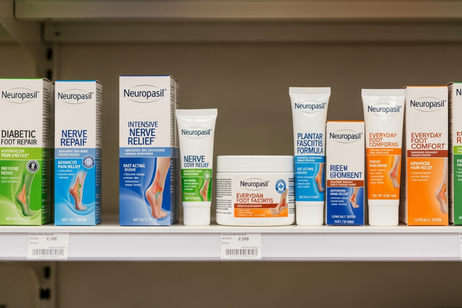 a shelf with several different Neuropasil foot pain relief cream products - foot pain relief cream