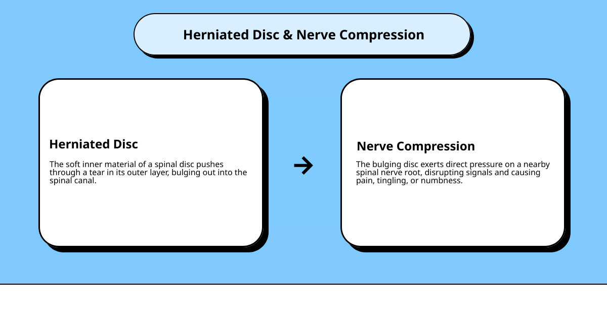 infographic showing how herniated disc presses on spinal nerve root causing compression, with labels for vertebrae, disc bulge, compressed nerve root, and pain signals traveling down the arm or leg - treat nerve compression infographic cause_effect_text