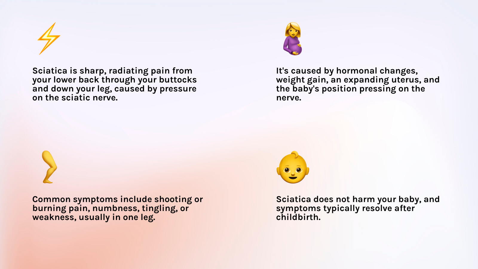 infographic showing the sciatic nerve pathway from the lower spine through the buttocks and down the back of each leg, with labels indicating common pressure points during pregnancy including the lower back, pelvis, and piriformis muscle - sciatica pregnancy infographic 4_facts_emoji_light-gradient
