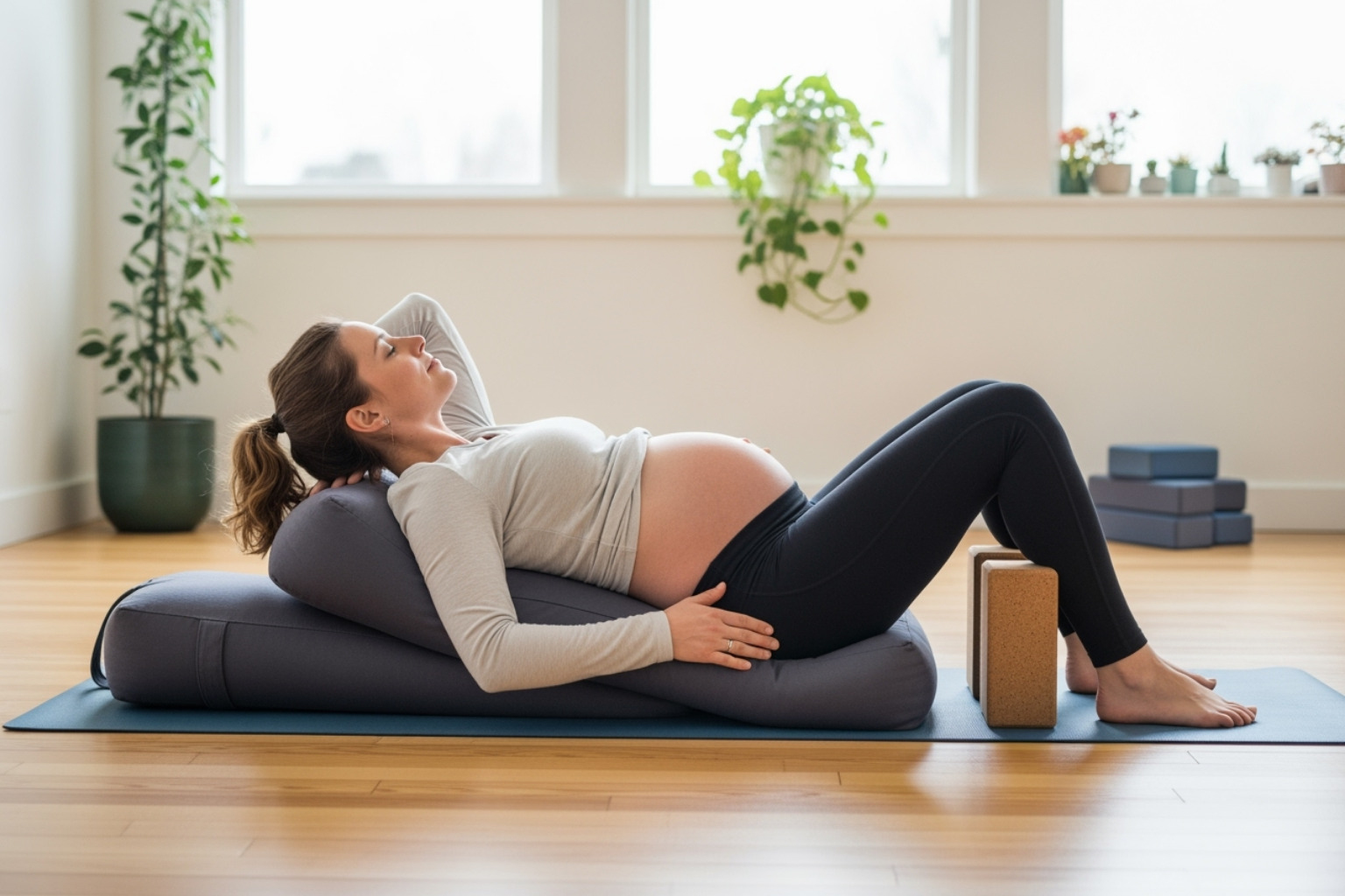Pregnant woman in a supported yoga pose - sciatica pregnancy