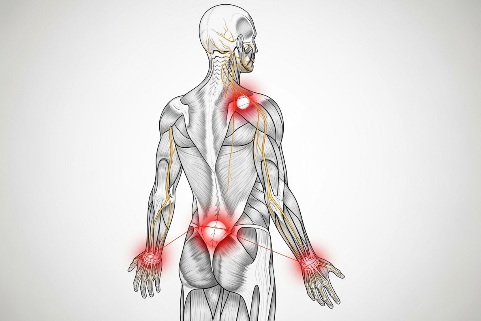 diagram showing common areas of pinched nerve pain like the neck, lower back, and wrist - nerve is pinched