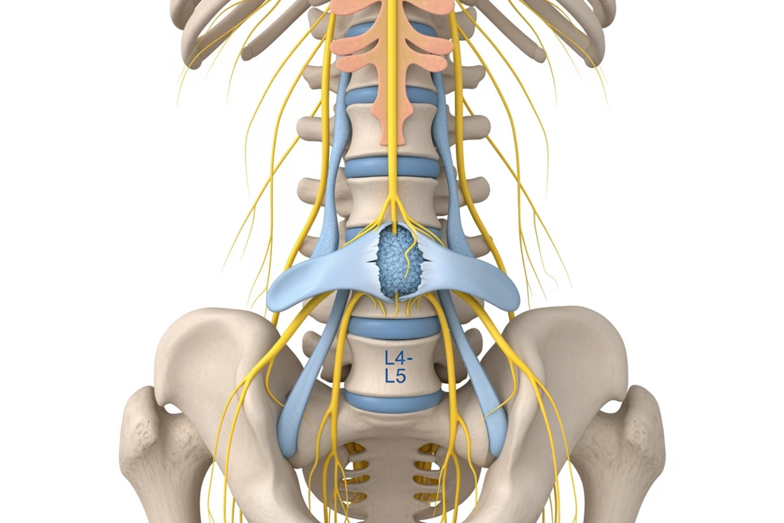 A detailed image of a herniated disc compressing a nerve root in the lumbar spine - sciatica treatments