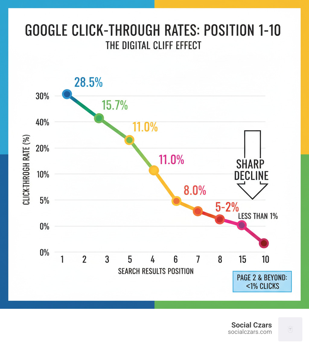 infographic showing decline in click-through rates from Google position 1 to 10 - suppress negative search results infographic 