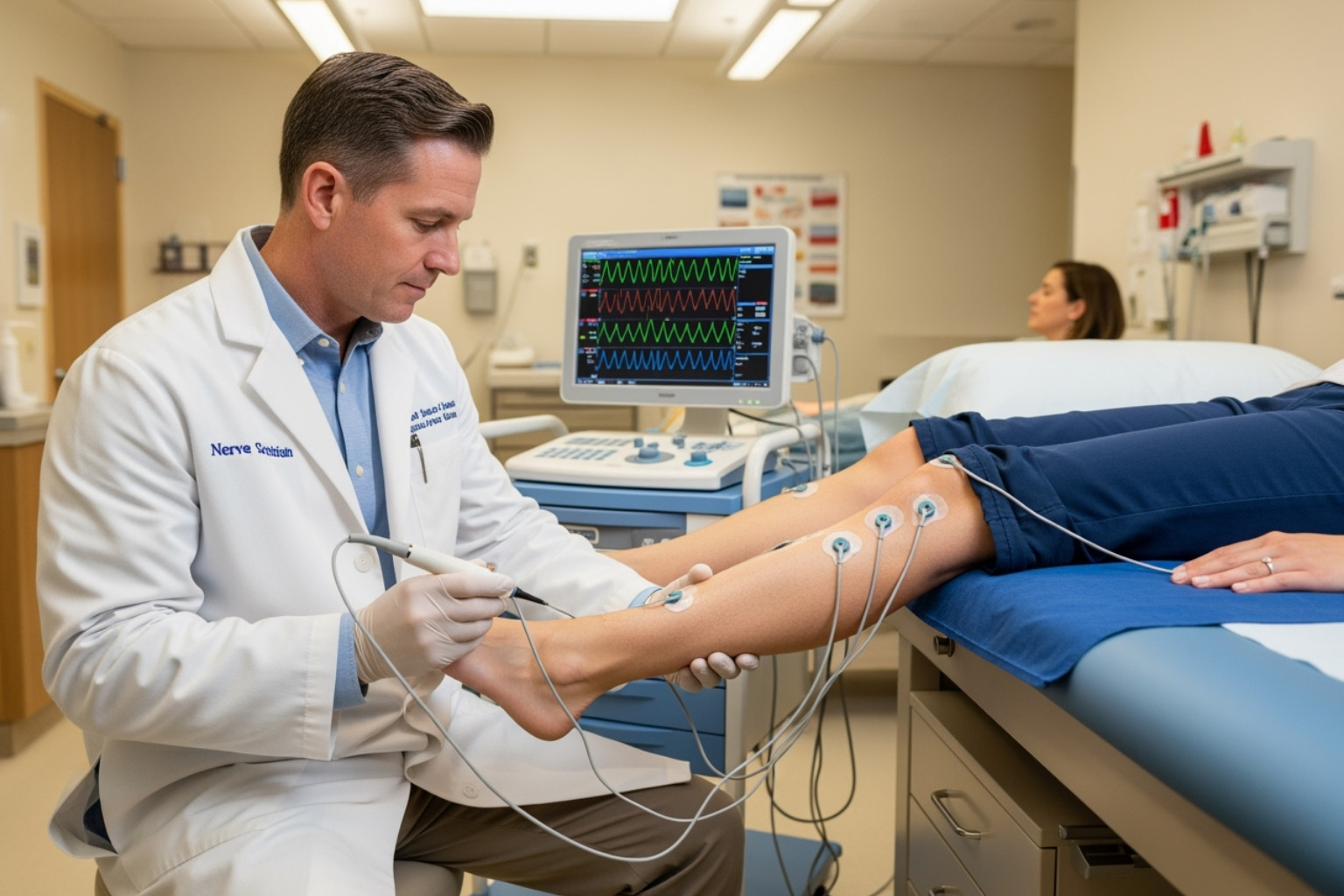a doctor performing a nerve conduction study on a patient's leg - Neuropathy
