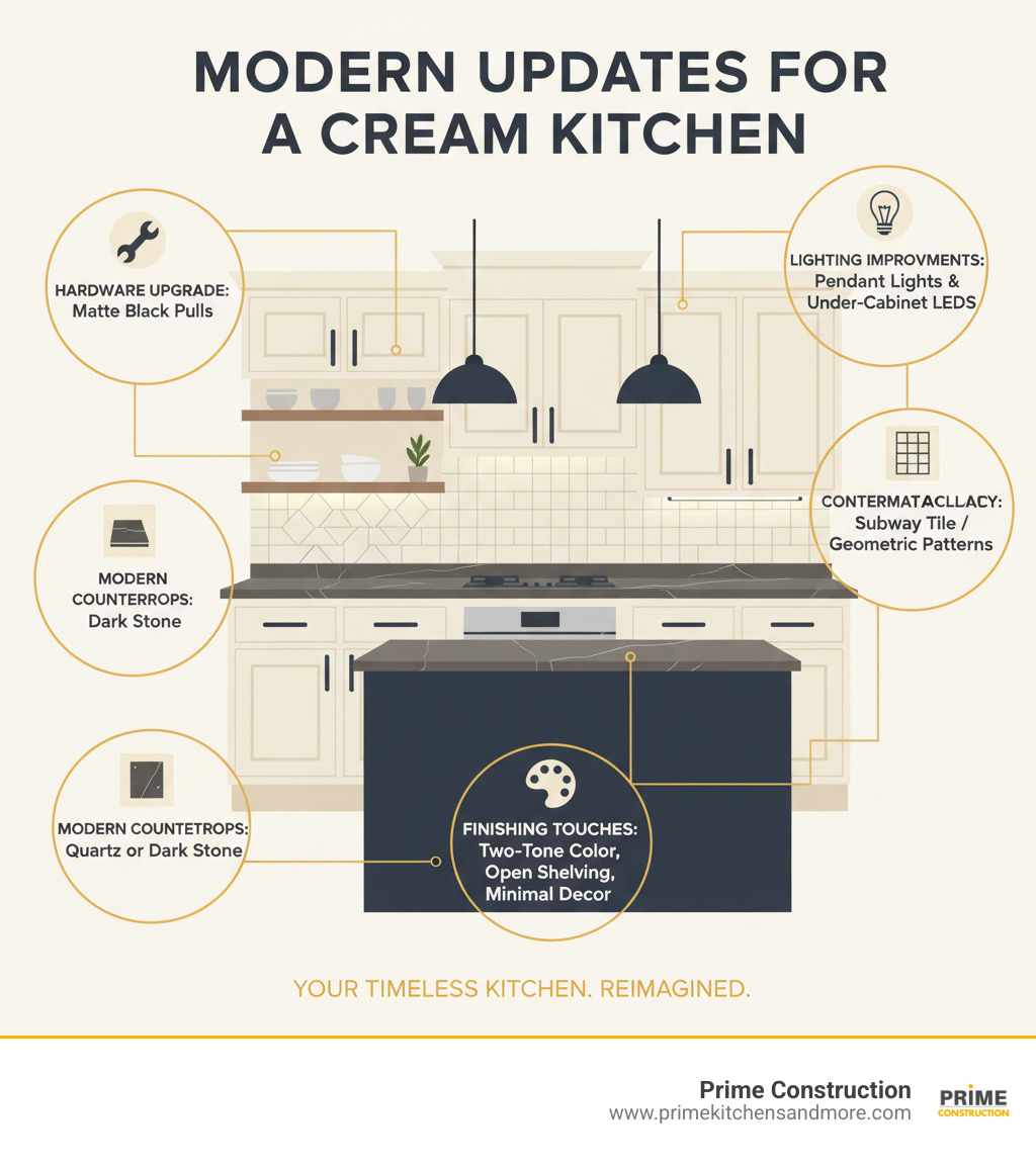 Infographic showing the anatomy of a cream traditional kitchen update with labeled callouts for hardware upgrades (matte black pulls), lighting improvements (pendant lights and under-cabinet LEDs), modern countertops (quartz or dark stone), contemporary backsplash (subway tile or geometric patterns), and finishing touches (two-tone color, open shelving, minimal decor) - cream traditional kitchen infographic 