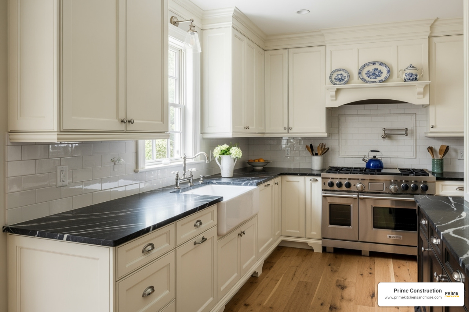 cream shaker cabinets with black leathered marble countertop and simple tile backsplash - cream traditional kitchen