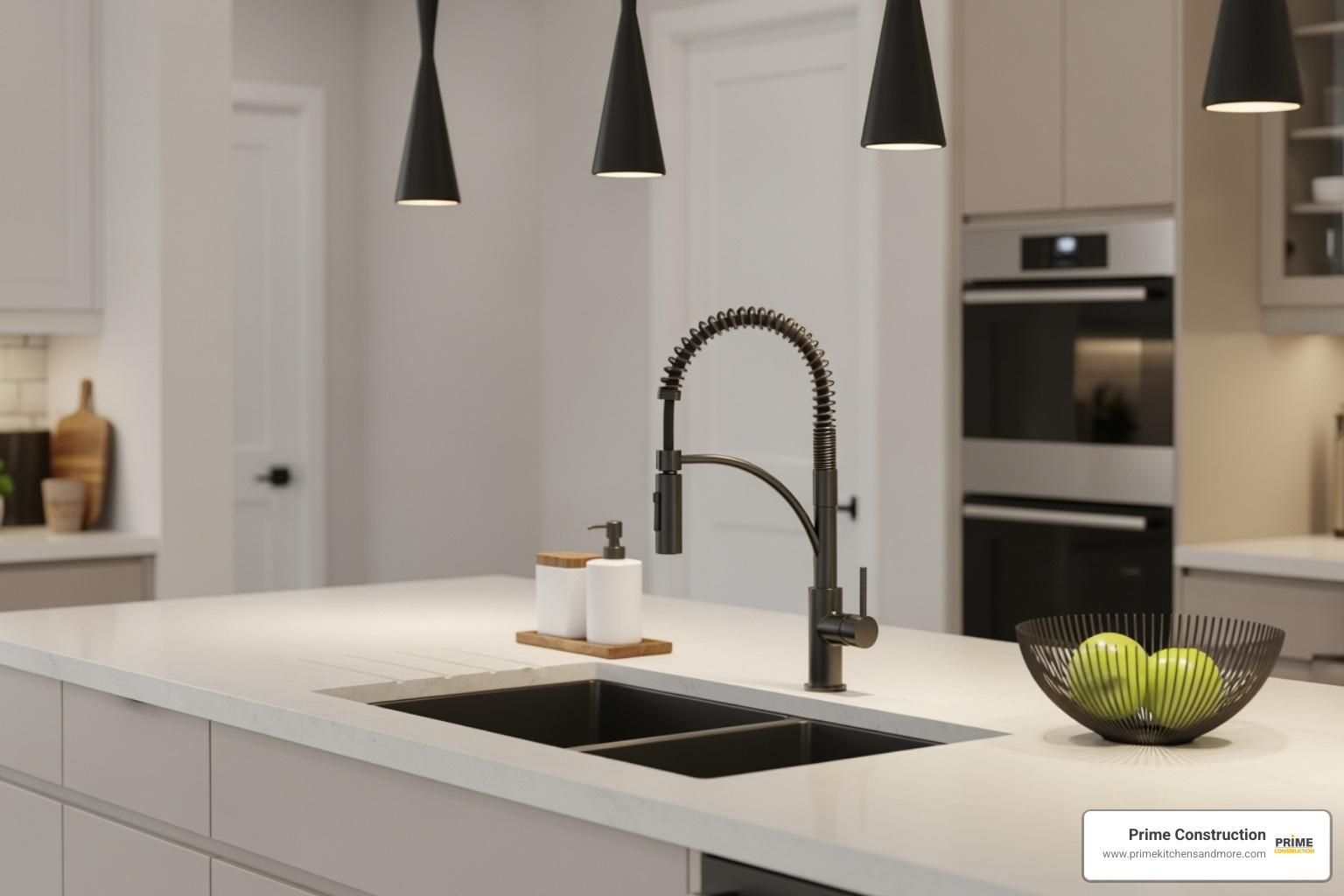cream kitchen island with modern black pendant lights and a sleek gooseneck faucet - cream traditional kitchen