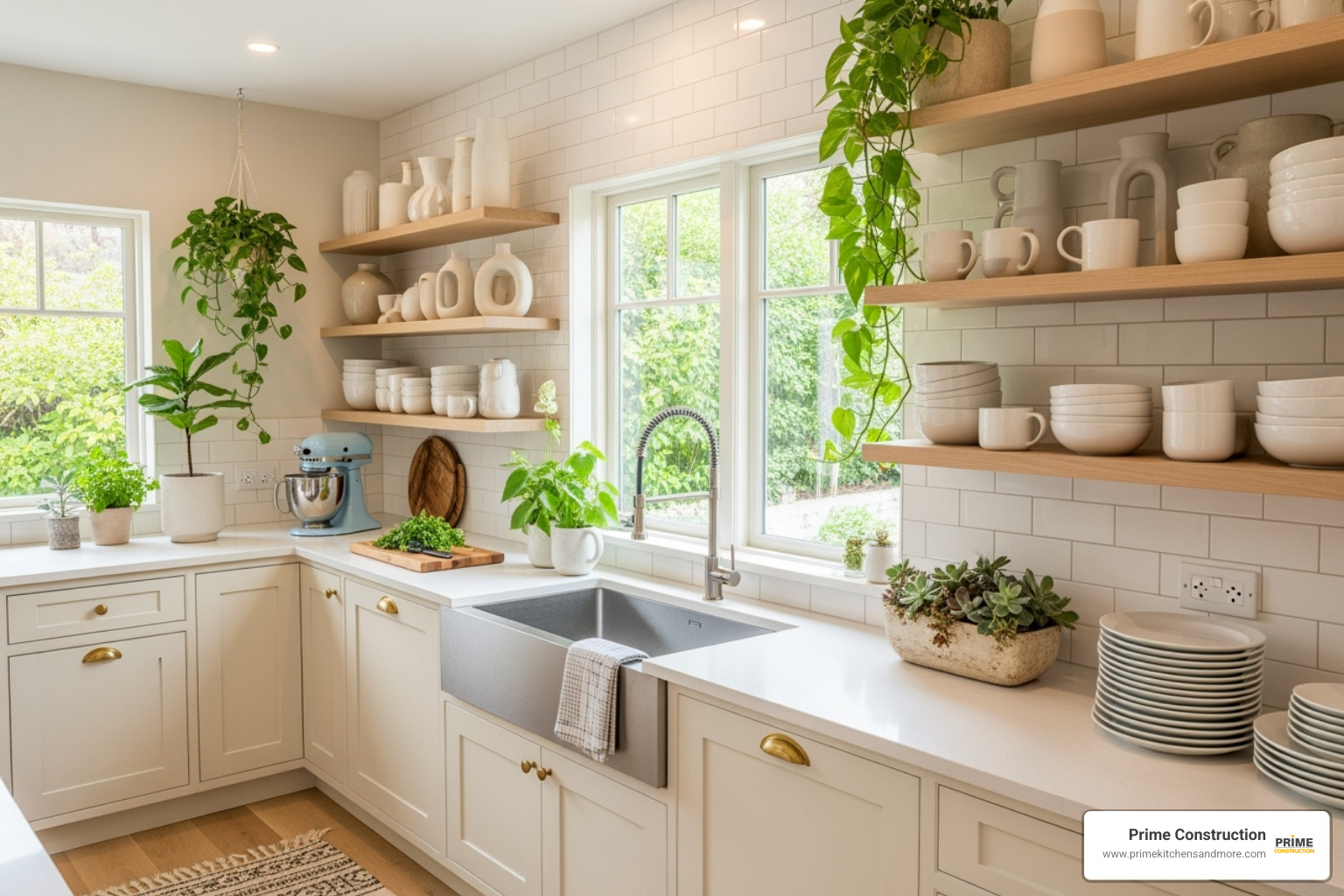 styled cream kitchen with open shelving displaying modern pottery and greenery - cream traditional kitchen