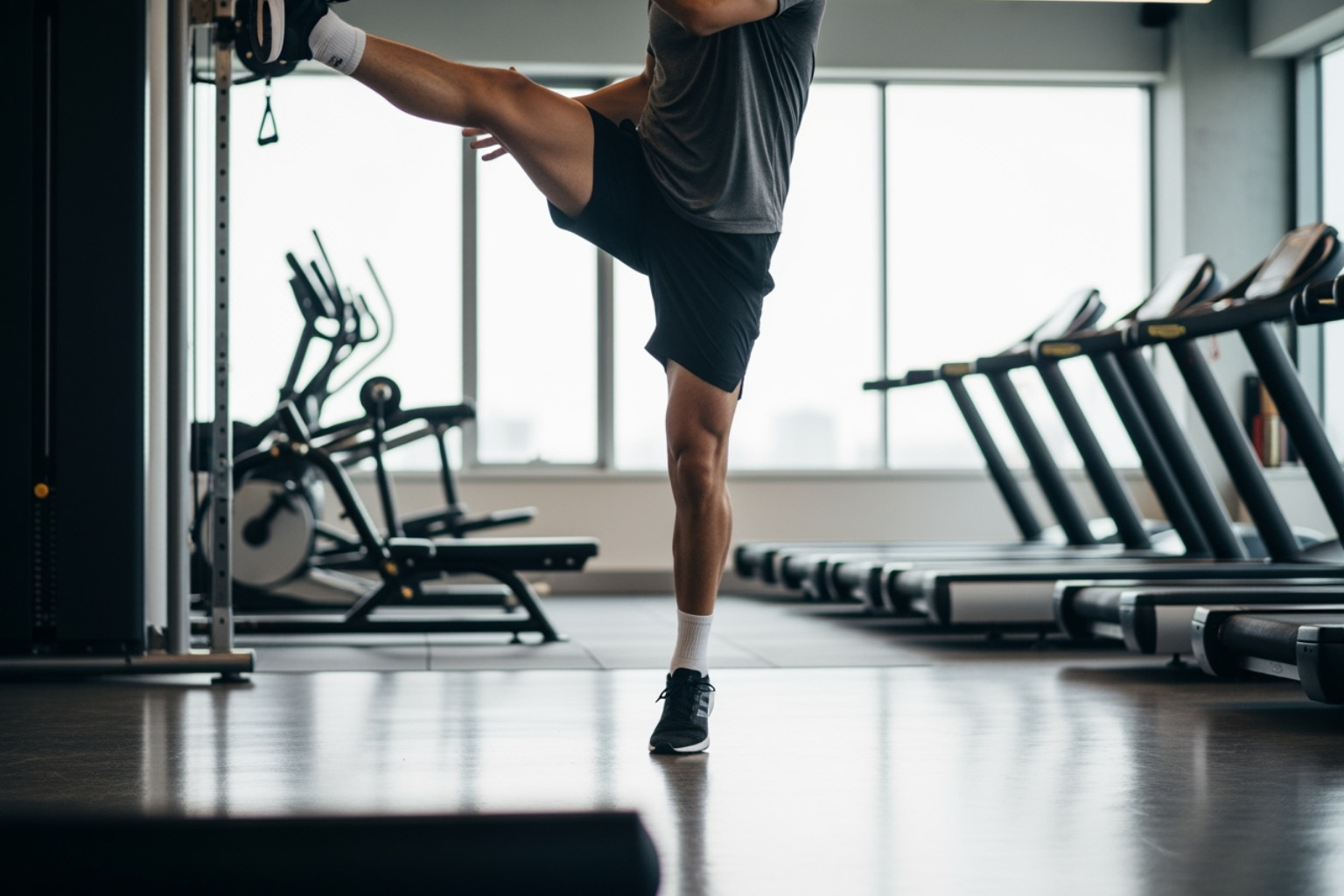 Person doing dynamic warm-up stretches like leg swings - how to help sore muscles