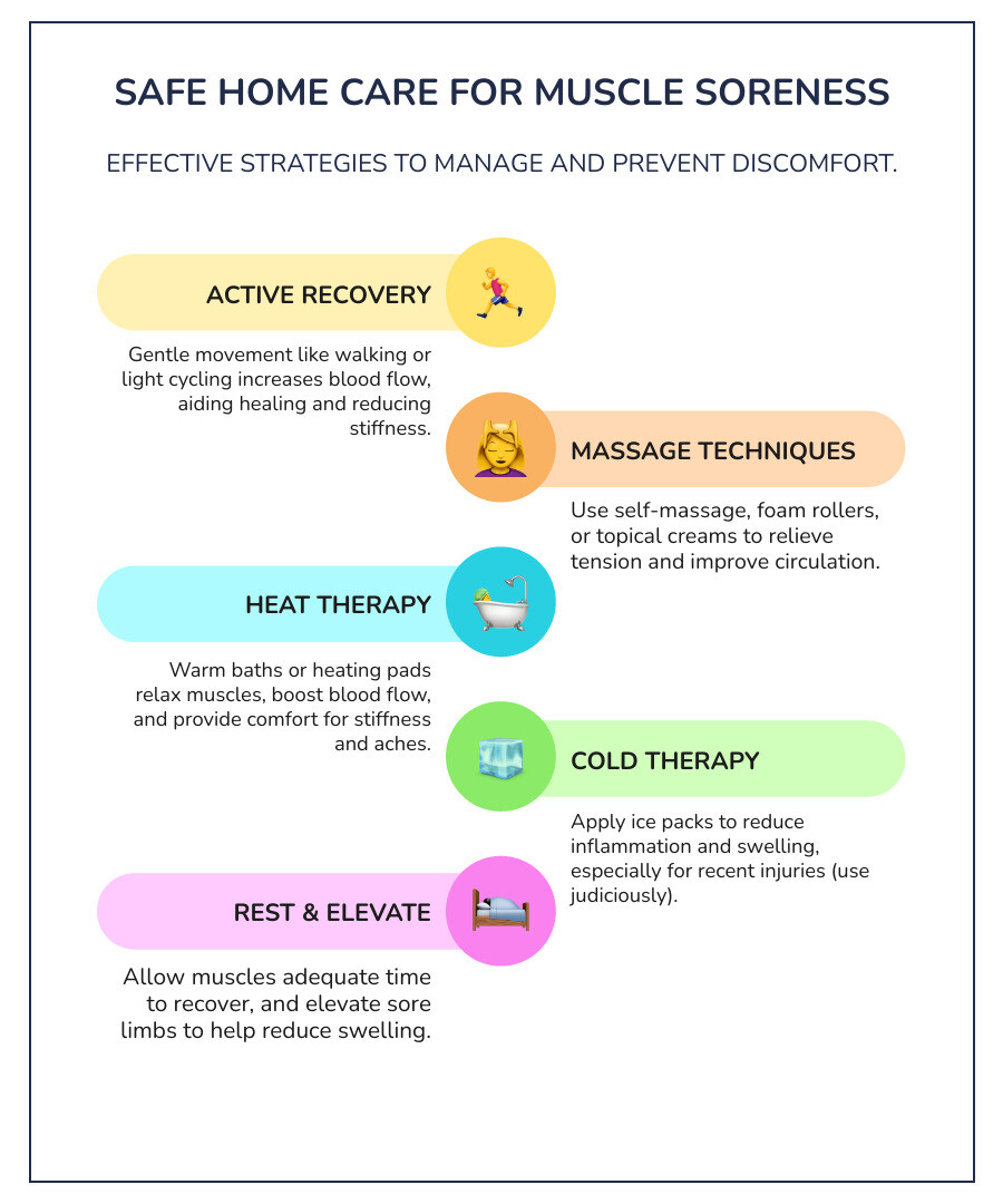 Infographic on safe home care steps for muscle soreness: Active recovery (light movement), massage (self-massage or tools), heat therapy (warm baths, heating pads), cold therapy (ice packs for acute pain), rest, hydration, and nutrition. - muscle soreness infographic infographic-line-5-steps-colors