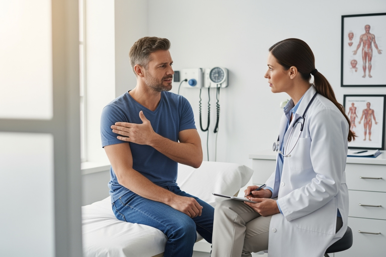 Person talking to a doctor about muscle pain - muscle soreness