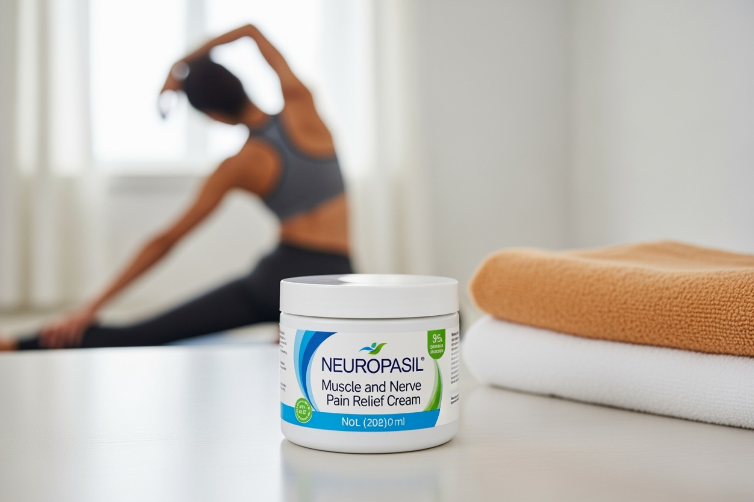Neuropasil Muscle and Nerve Pain Relief Cream, gentle stretching, and a warm towel - muscle soreness