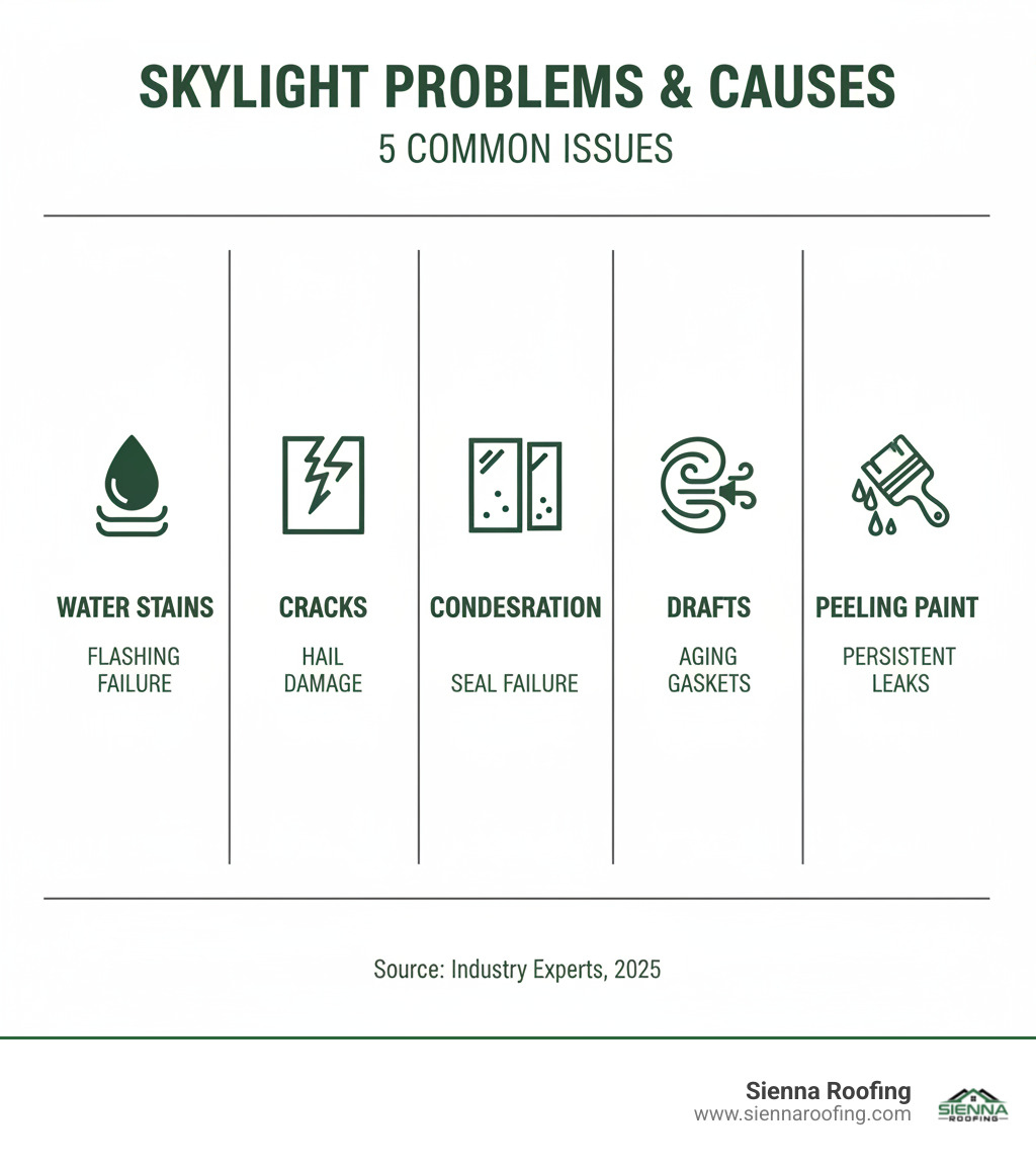 Infographic showing the 5 most common skylight problems and their primary causes: water stains from flashing failure, cracks from hail damage, condensation from seal failure, drafts from aging gaskets, and peeling paint from persistent leaks - skylight repairs near me infographic Infographic showing the 5 most common skylight problems and their primary causes: water stains from flashing failure, cracks from hail damage, condensation from seal failure, drafts from aging gaskets, and peeling paint from persistent leaks - skylight repairs near me infographic