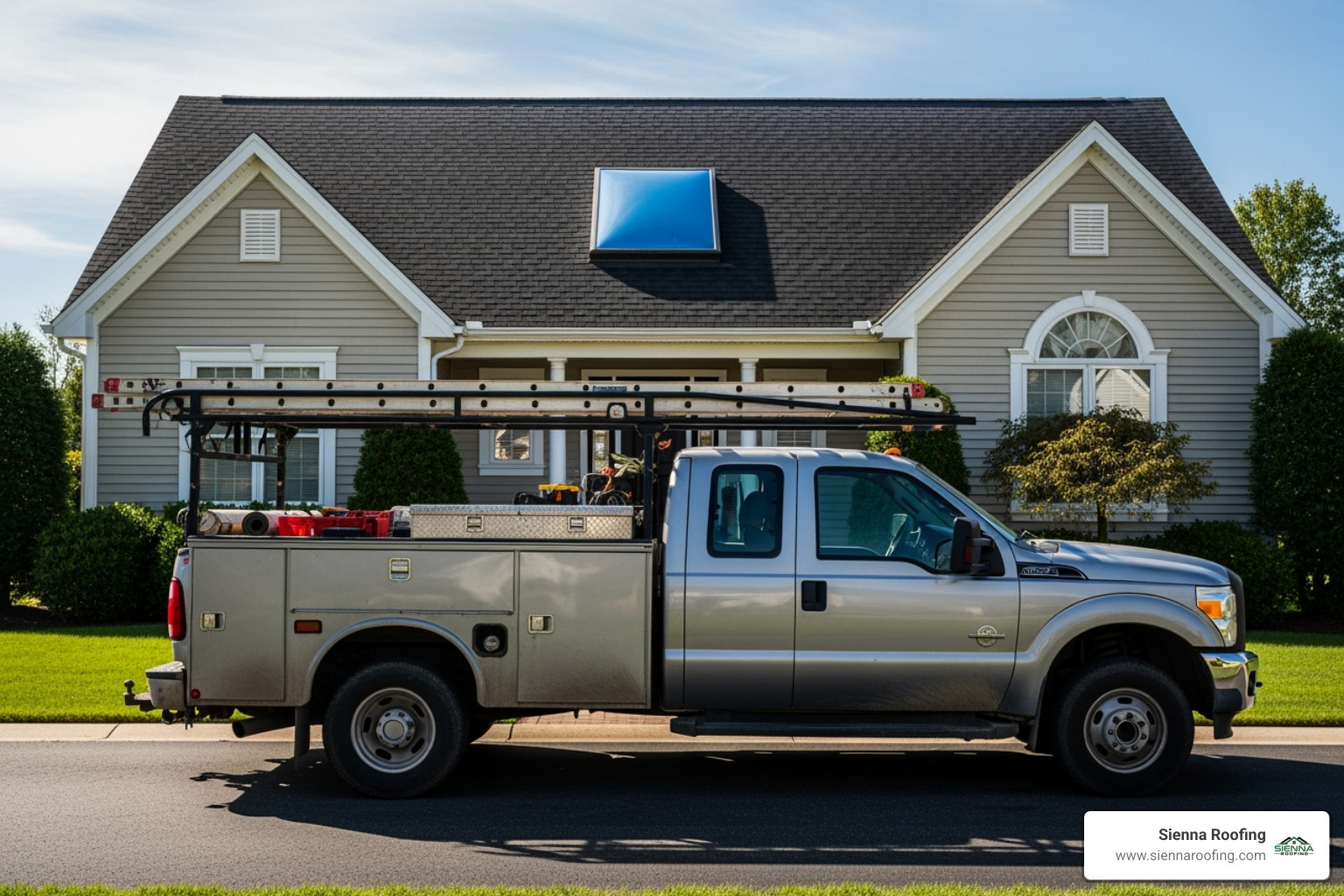 A Sienna Roofing truck parked in front of a residential home with a skylight, emphasizing local service. - skylight repairs near me A Sienna Roofing truck parked in front of a residential home with a skylight, emphasizing local service. - skylight repairs near me