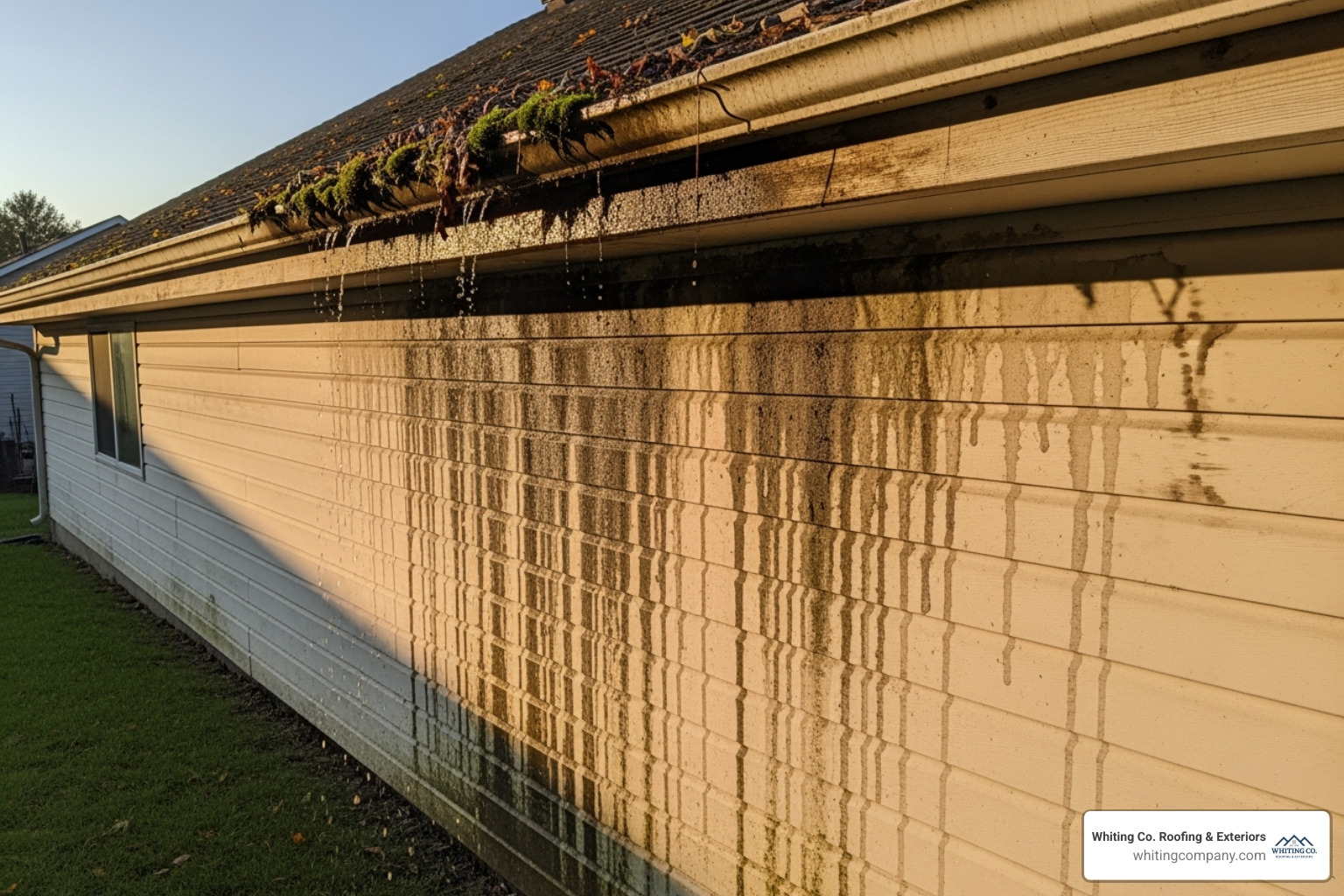 water damage staining on siding caused by overflowing gutters - Gutter installation Maryland
