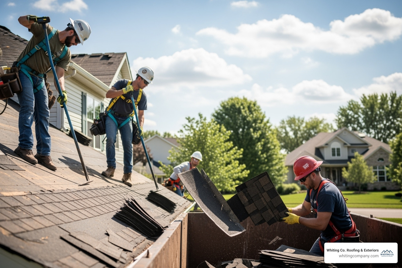 roofing crew carefully removing old shingles from a roof - residential roof replacement company