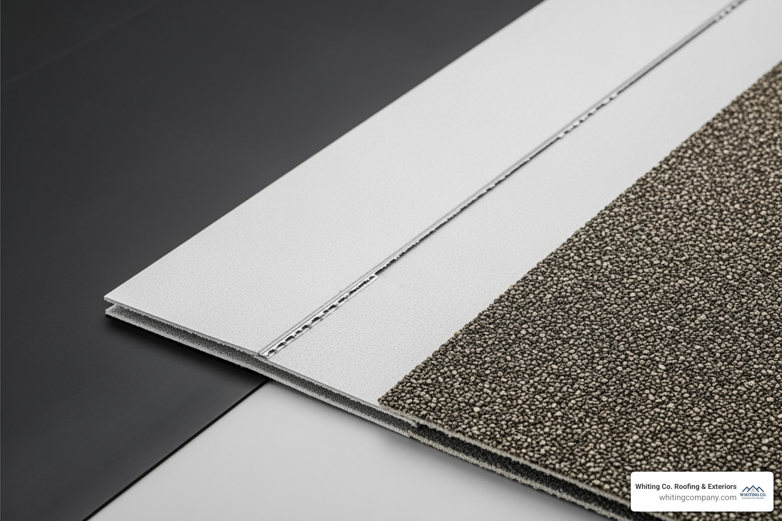 A collage image displaying samples of various flat roofing materials including a dark EPDM rubber membrane, a light-colored TPO sheet with a heat-welded seam, and a section of Modified Bitumen with granular surfacing, allowing for a direct visual comparison of their textures and appearances. - residential flat roof construction