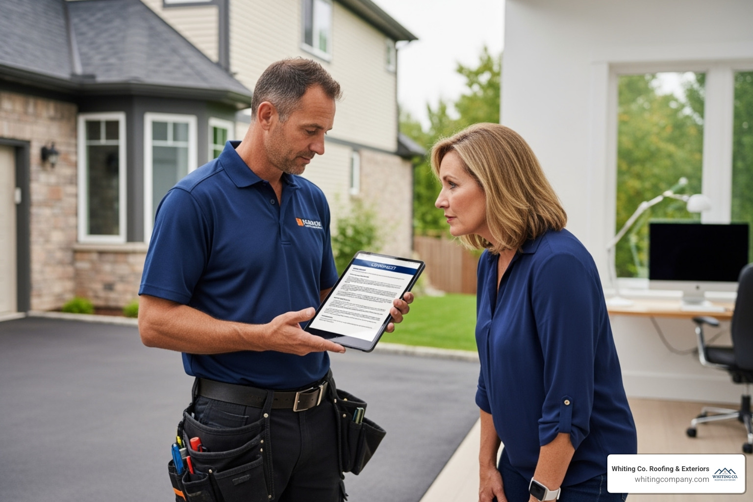 professional roofer showing a homeowner a contract on a tablet - residential roof replacement company
