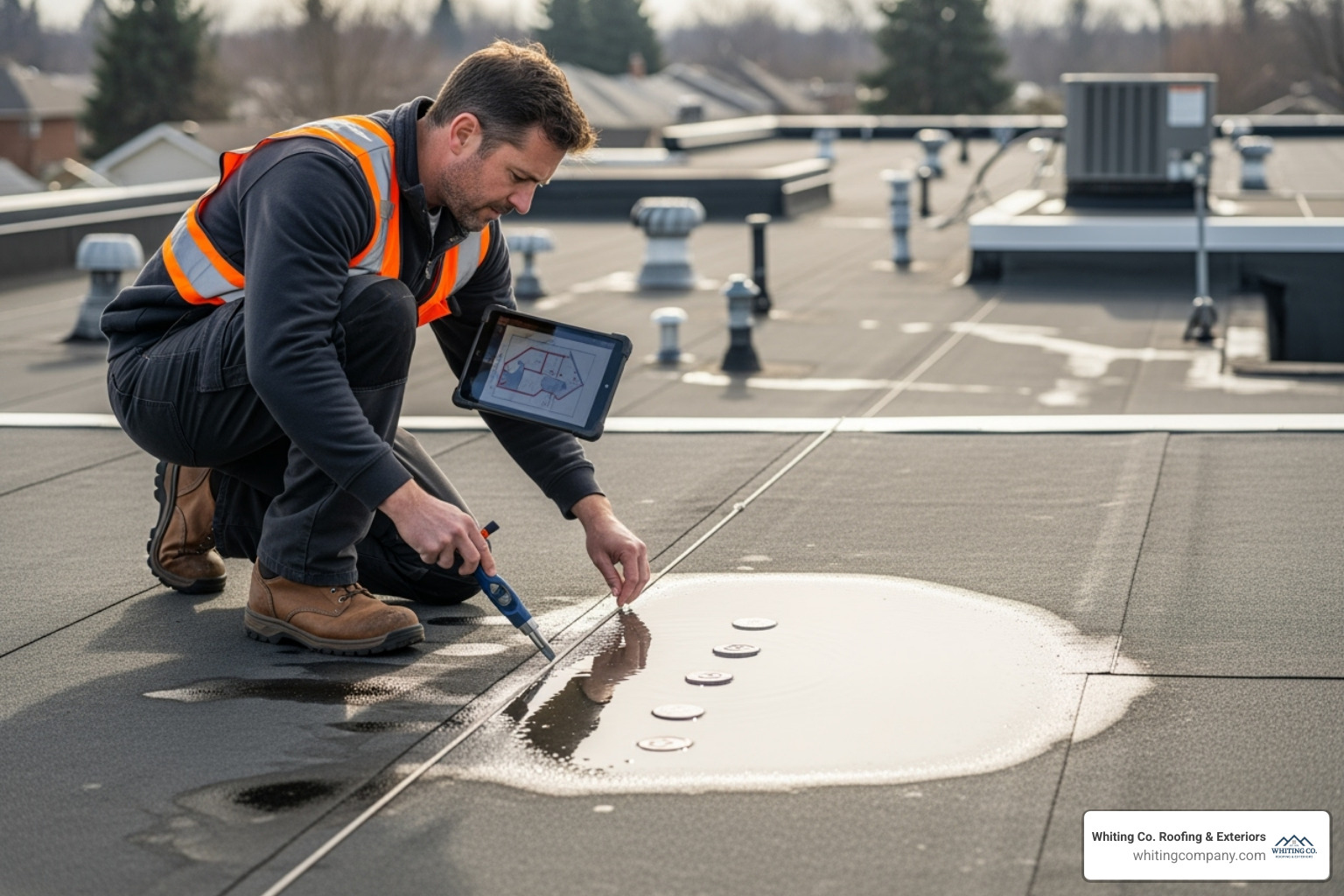 A professional roof inspector carefully examining the surface of a residential flat roof, checking for signs of wear, pooling water, and integrity of seams and flashing, emphasizing the importance of regular, expert assessment. - residential flat roof construction