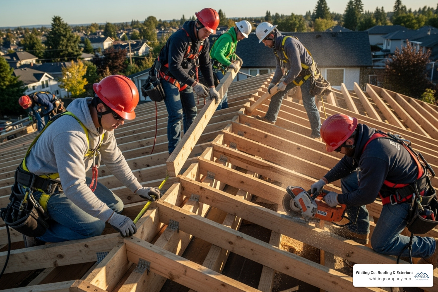 Roofers in safety gear meticulously working on the timber framing of a residential flat roof, ensuring proper joist placement and the initial creation of the roof's slight incline for drainage. - residential flat roof construction