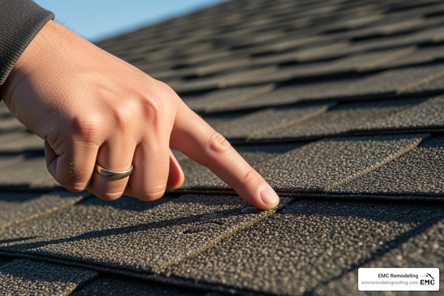 specialist pointing out subtle hail damage on an asphalt shingle - storm damage specialists specialist pointing out subtle hail damage on an asphalt shingle - storm damage specialists