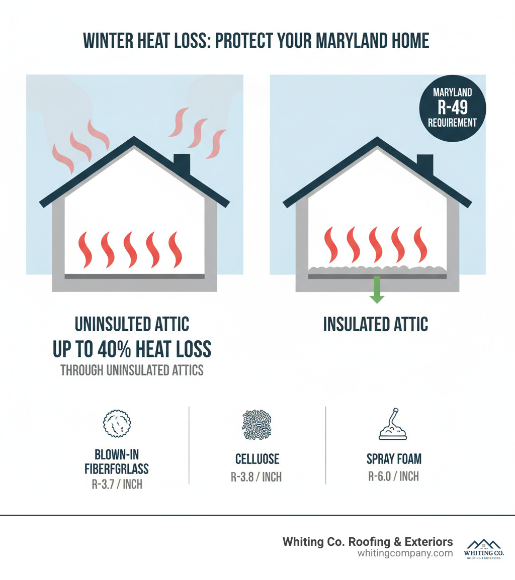 Infographic showing how heat rises through an uninsulated attic in winter, with arrows indicating heat loss through the roof, and comparison showing an insulated attic retaining heat inside the home. Includes Maryland's R-49 requirement, typical energy loss percentages (up to 40% through uninsulated attics), and the three main insulation types (blown-in fiberglass, cellulose, and spray foam) with their respective R-values per inch. - Attic insulation Maryland infographic  Infographic showing how heat rises through an uninsulated attic in winter, with arrows indicating heat loss through the roof, and comparison showing an insulated attic retaining heat inside the home. Includes Maryland's R-49 requirement, typical energy loss percentages (up to 40% through uninsulated attics), and the three main insulation types (blown-in fiberglass, cellulose, and spray foam) with their respective R-values per inch. - Attic insulation Maryland infographic