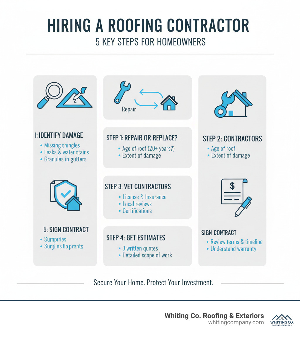 Infographic showing the 5 key steps to hiring a roofing contractor: Step 1 - Identify Damage (inspect for missing shingles, leaks, granules in gutters), Step 2 - Repair or Replace? (consider age of roof and extent of damage), Step 3 - Vet Contractors (check license, insurance, local reviews, certifications), Step 4 - Get Estimates (obtain 3 written quotes with detailed scope), Step 5 - Sign Contract (review terms, timeline, warranty coverage before work begins) - residential roof repairs near me infographic 