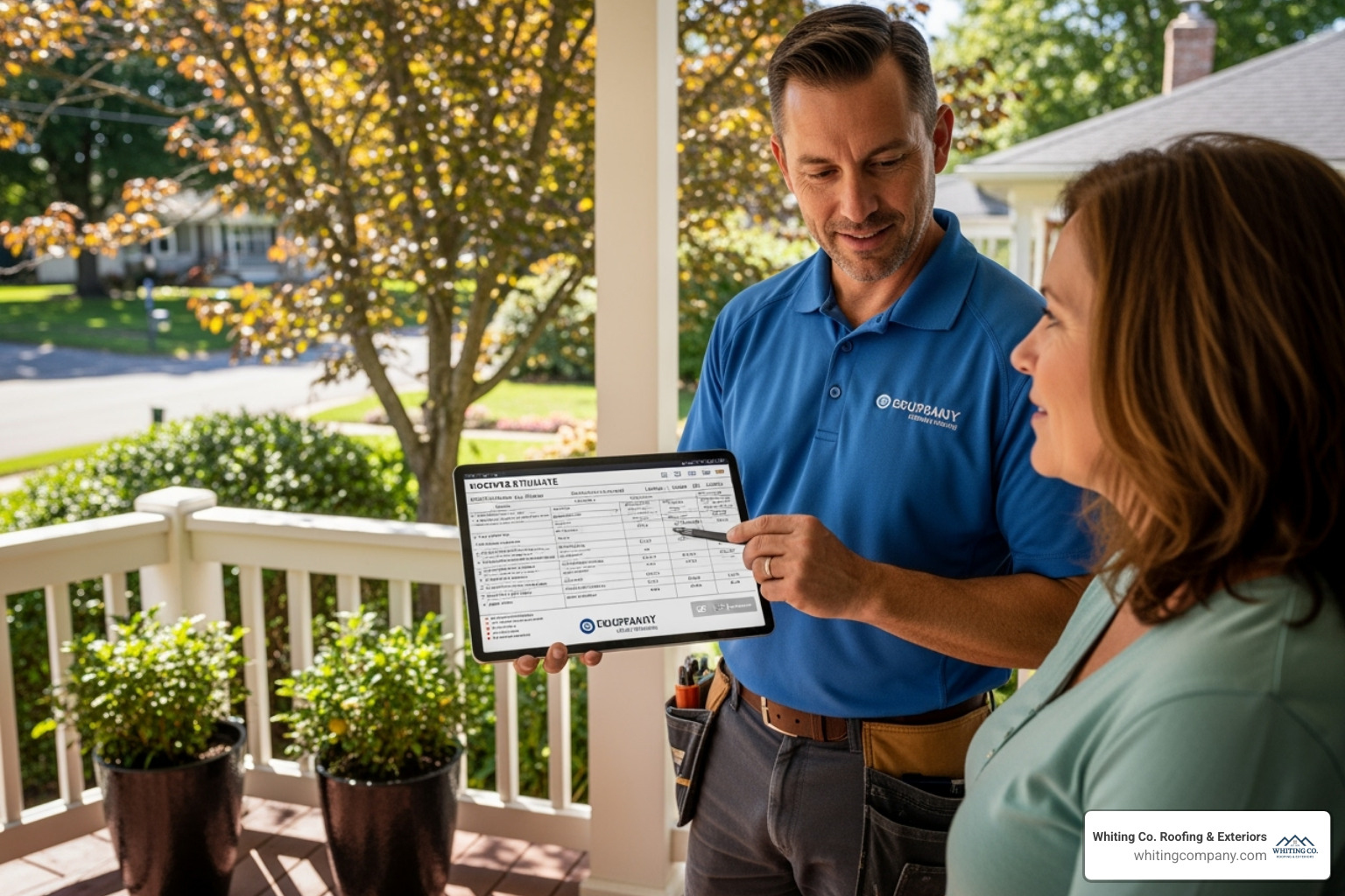 Contractor showing homeowner a detailed, written estimate on a tablet. - residential roof repairs near me