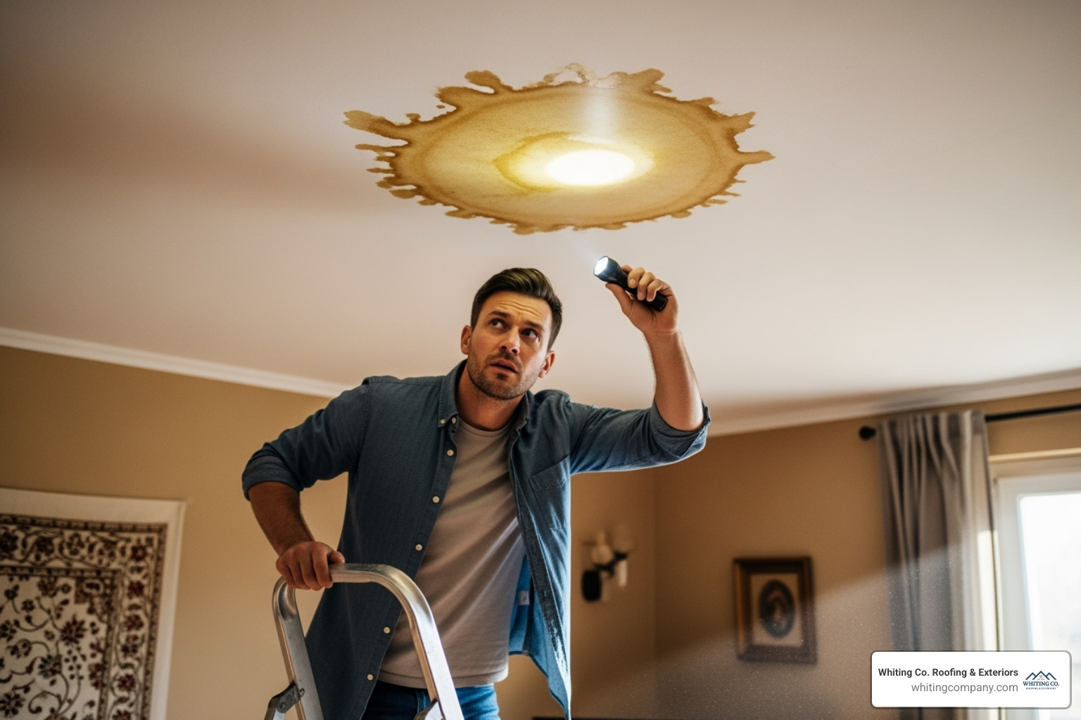 Homeowner inspecting their ceiling for water stains. - residential roof repairs near me