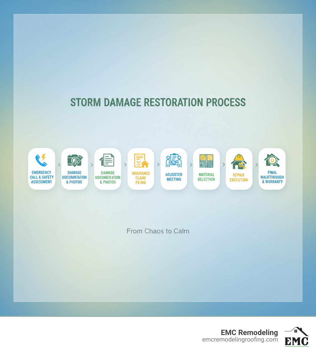 Infographic showing the storm damage restoration process from emergency call to final inspection, including key steps: immediate safety assessment, damage documentation with photos, insurance claim filing, adjuster meeting, material selection, repair execution, and final walkthrough with warranty - storm damage specialists infographic  Infographic showing the storm damage restoration process from emergency call to final inspection, including key steps: immediate safety assessment, damage documentation with photos, insurance claim filing, adjuster meeting, material selection, repair execution, and final walkthrough with warranty - storm damage specialists infographic