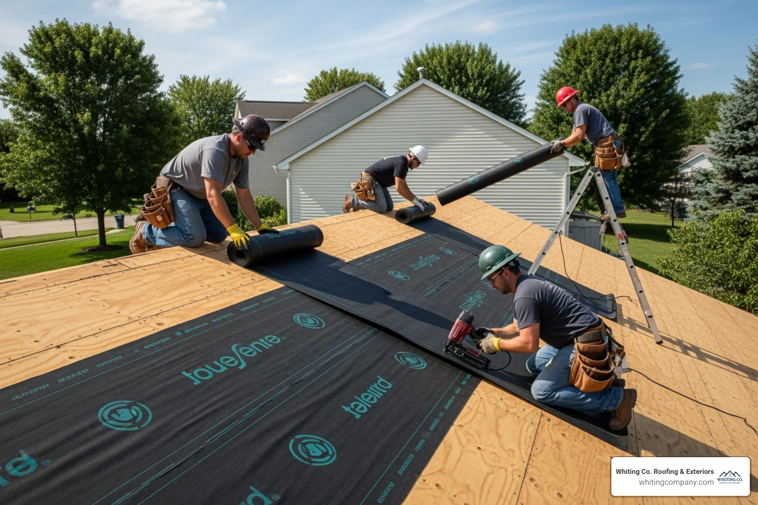 Image of a professional roofing crew installing underlayment on a clean roof deck - Home roof replacement