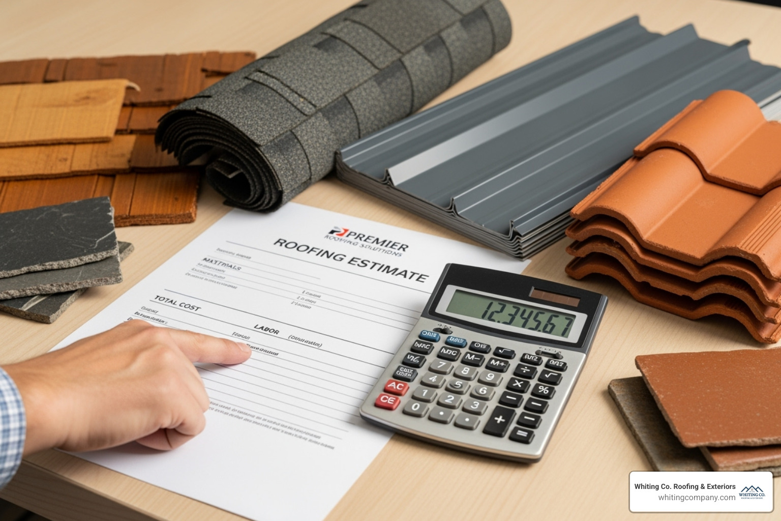Image of a roofing estimate document with a calculator and material samples - Home roof replacement
