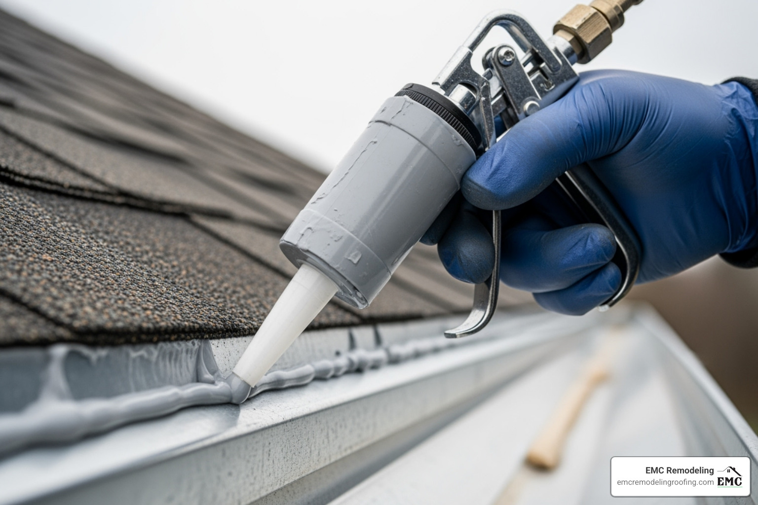 Certified technician applying sealant to a gutter seam - gutter sealing service