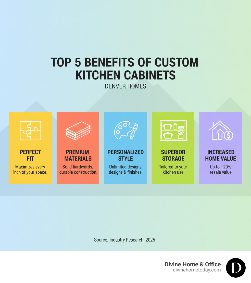 Infographic showing the top 5 benefits of custom kitchen cabinets in Denver: 1) Perfect Fit - cabinets built to exact specifications for your space, maximizing every inch; 2) Premium Materials - solid hardwoods like maple, cherry, and oak with durable construction; 3) Personalized Style - unlimited design options from modern to traditional, with custom finishes and hardware; 4) Superior Storage - custom solutions designed around how you actually use your kitchen; 5) Increased Home Value - up to 20% higher resale value compared to stock cabinets - Custom kitchen cabinets Denver infographic 