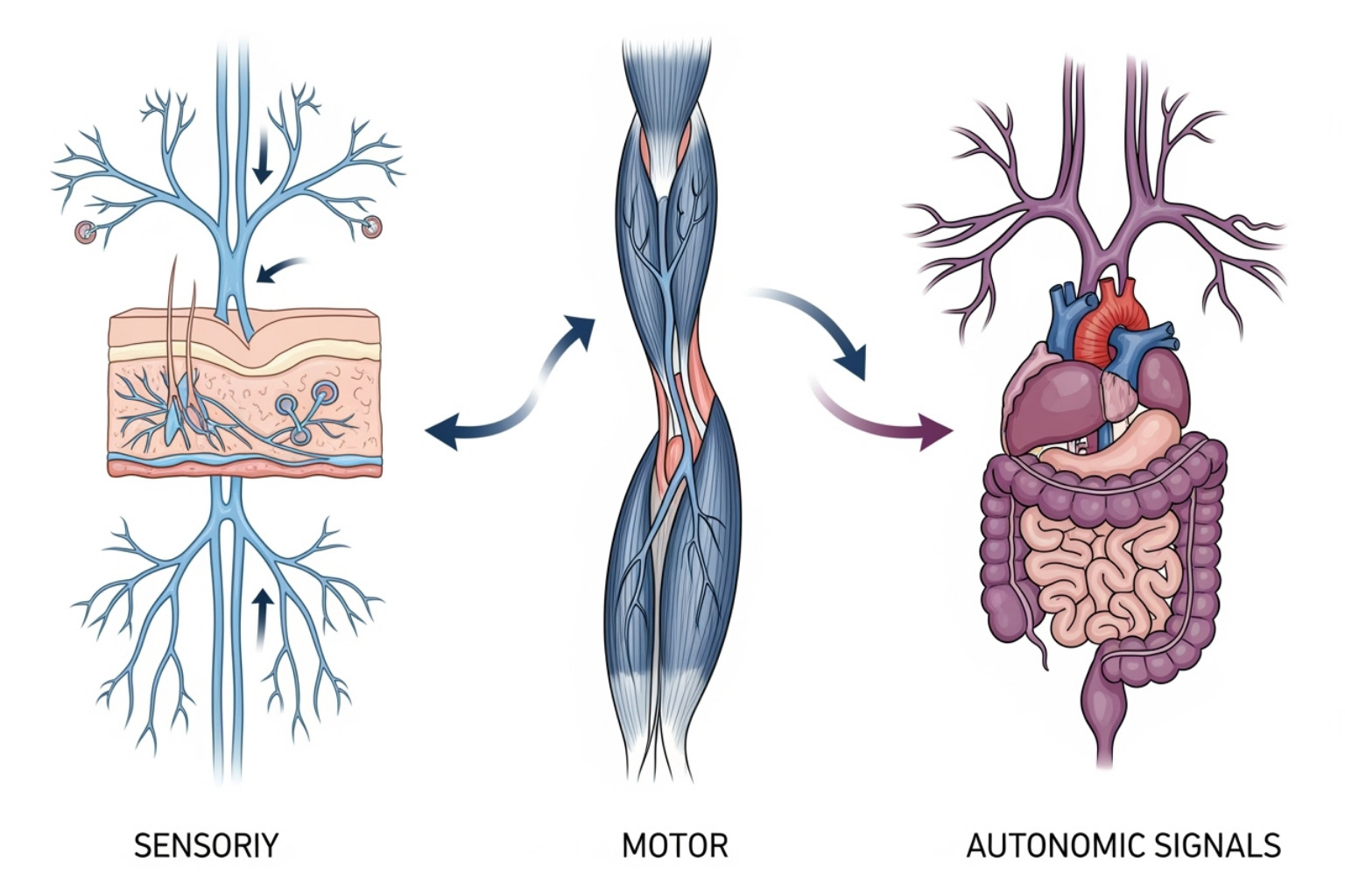 Illustration showing the three main types of nerves: sensory (light blue, receiving external stimuli), motor (dark blue, controlling muscles), and autonomic (purple, regulating internal organs) with arrows indicating signal direction. - what is neuropathy