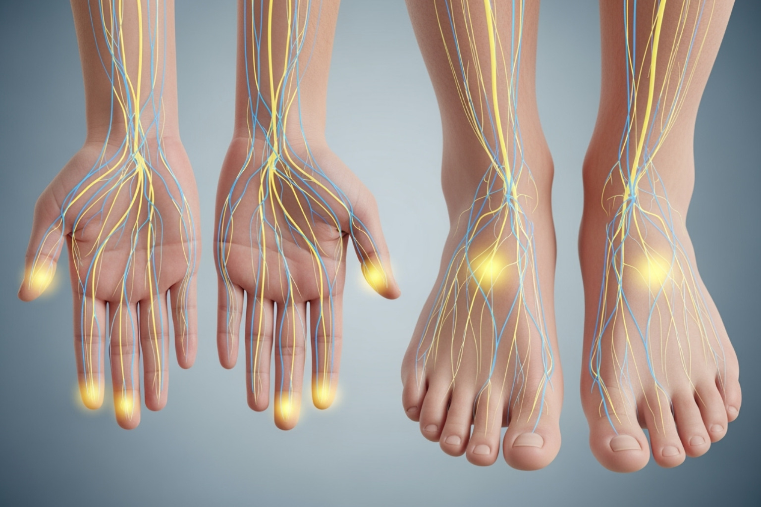 Close-up of hands and feet with nerve pathways highlighted, illustrating common areas affected by neuropathy - what is neuropathy